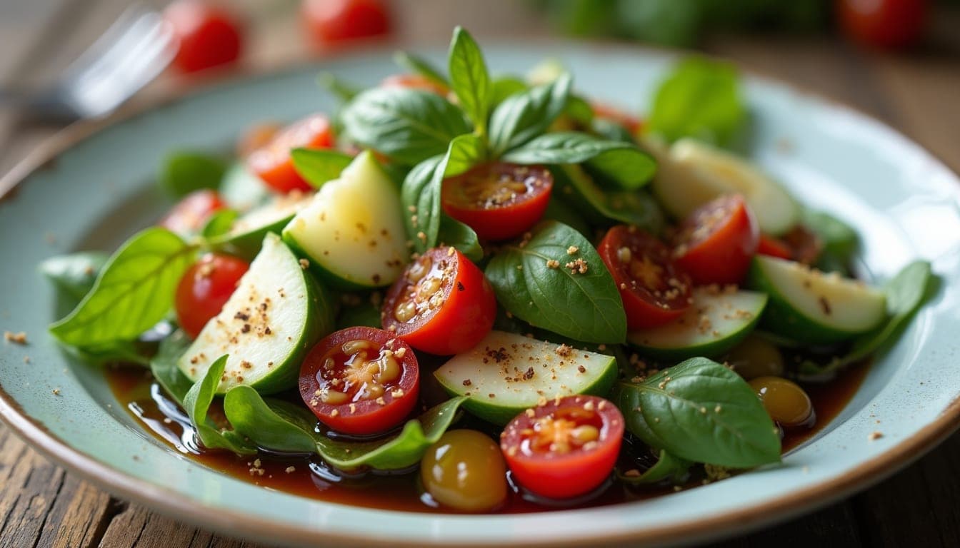 Vue rapprochée d’une portion de Chopped Italian Salad dressée dans une assiette blanche