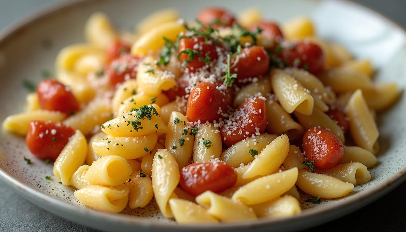 Vue en plongée d’une assiette d’orecchiette avec capocollo doré et stracciatella