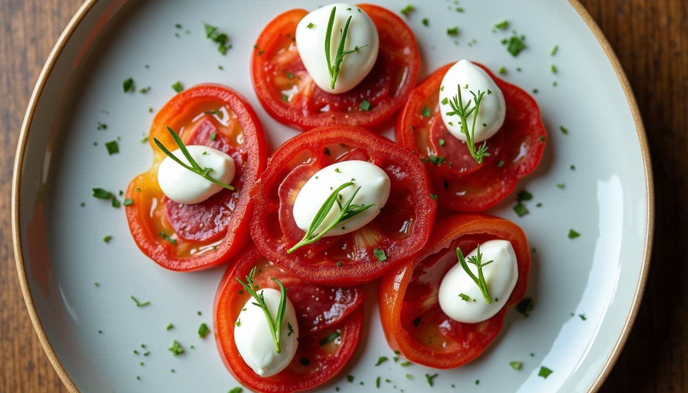 Vue en plongée d’une assiette dressée avec carpaccio de tomates, burrata et capocollo