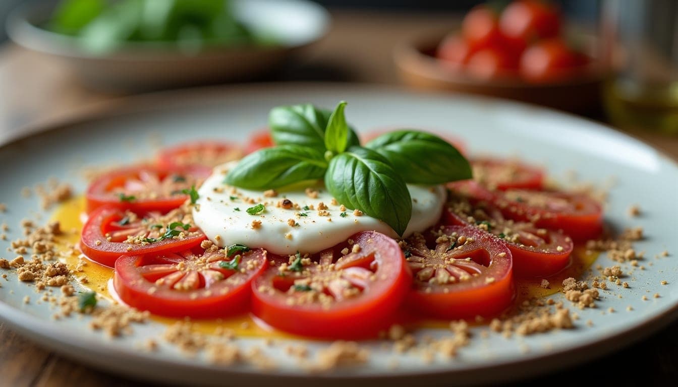 Vue rapprochée d’une assiette de carpaccio de tomates avec burrata, taralli et basilic