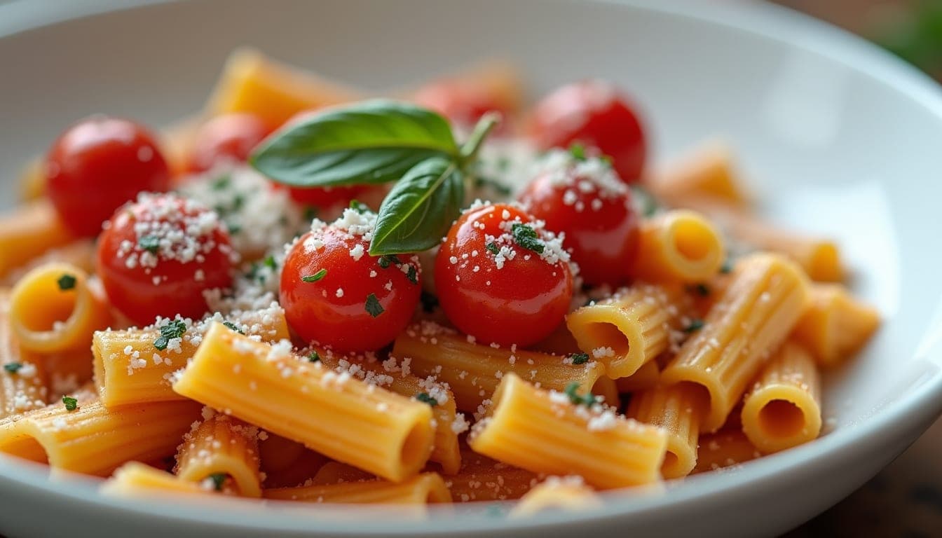 Vue rapprochée d’une assiette dressée avec rigatoni, Stracciatella et Taralli croquants