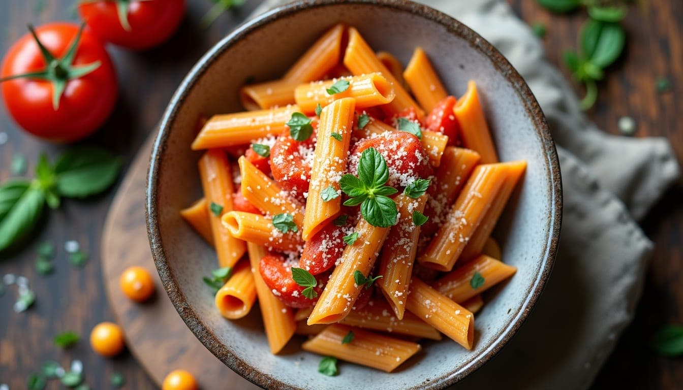 Vue de dessus d’une poêle avec rigatoni en sauce tomate séchée en train de mijoter