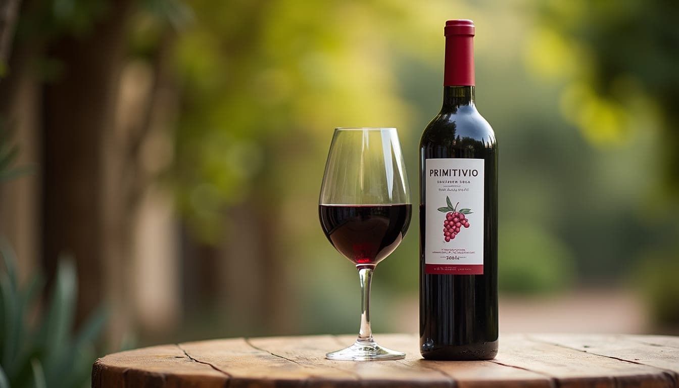 Vue rapprochée d’une bouteille de Primitivo des Pouilles avec un verre de vin rouge