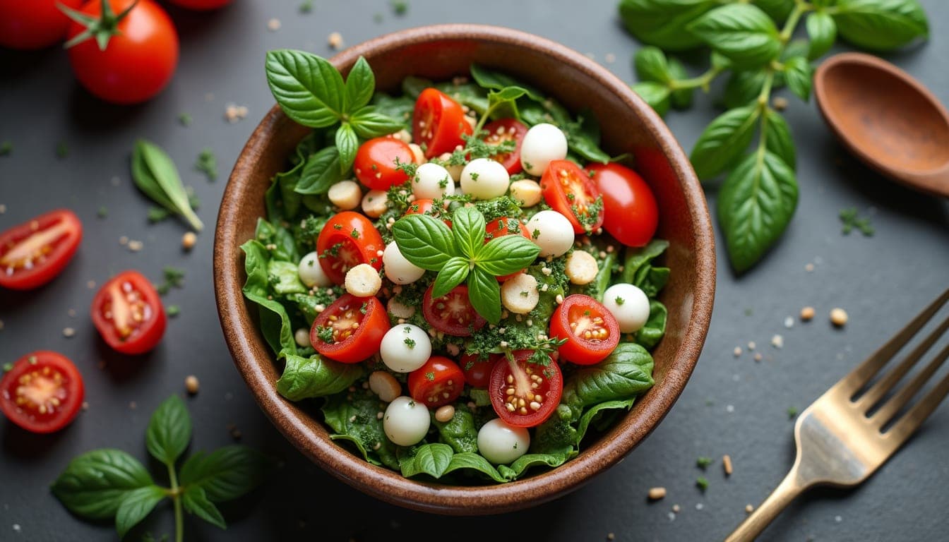 Vue en plongée d’un saladier rempli de Chopped Italian Salad avec ingrédients colorés
