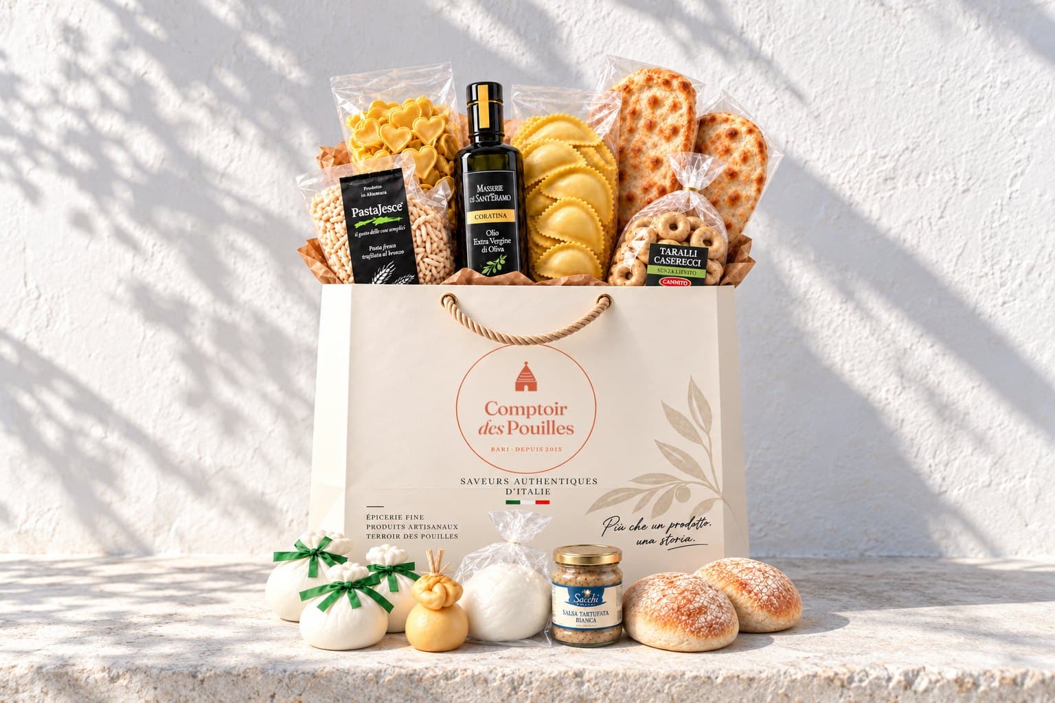 Le coffret découverte ouvert : un sac imprimé Comptoir des Pouilles et ses quinze produits