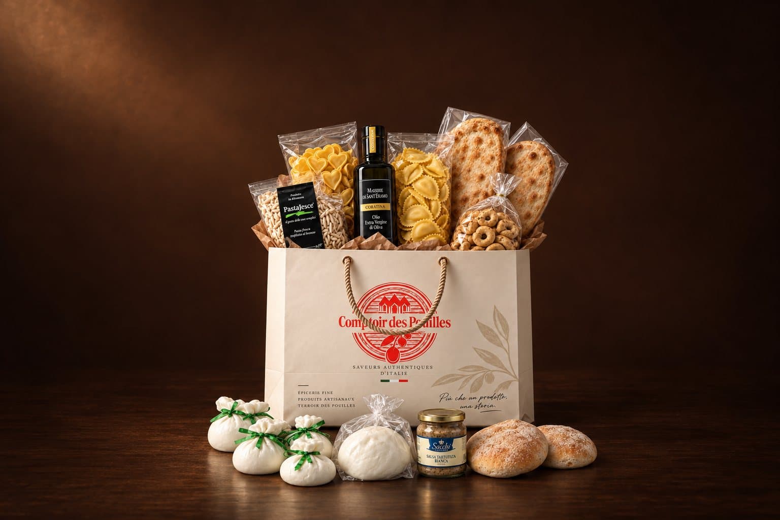 Le coffret découverte ouvert : un sac imprimé Comptoir des Pouilles et ses dix produits