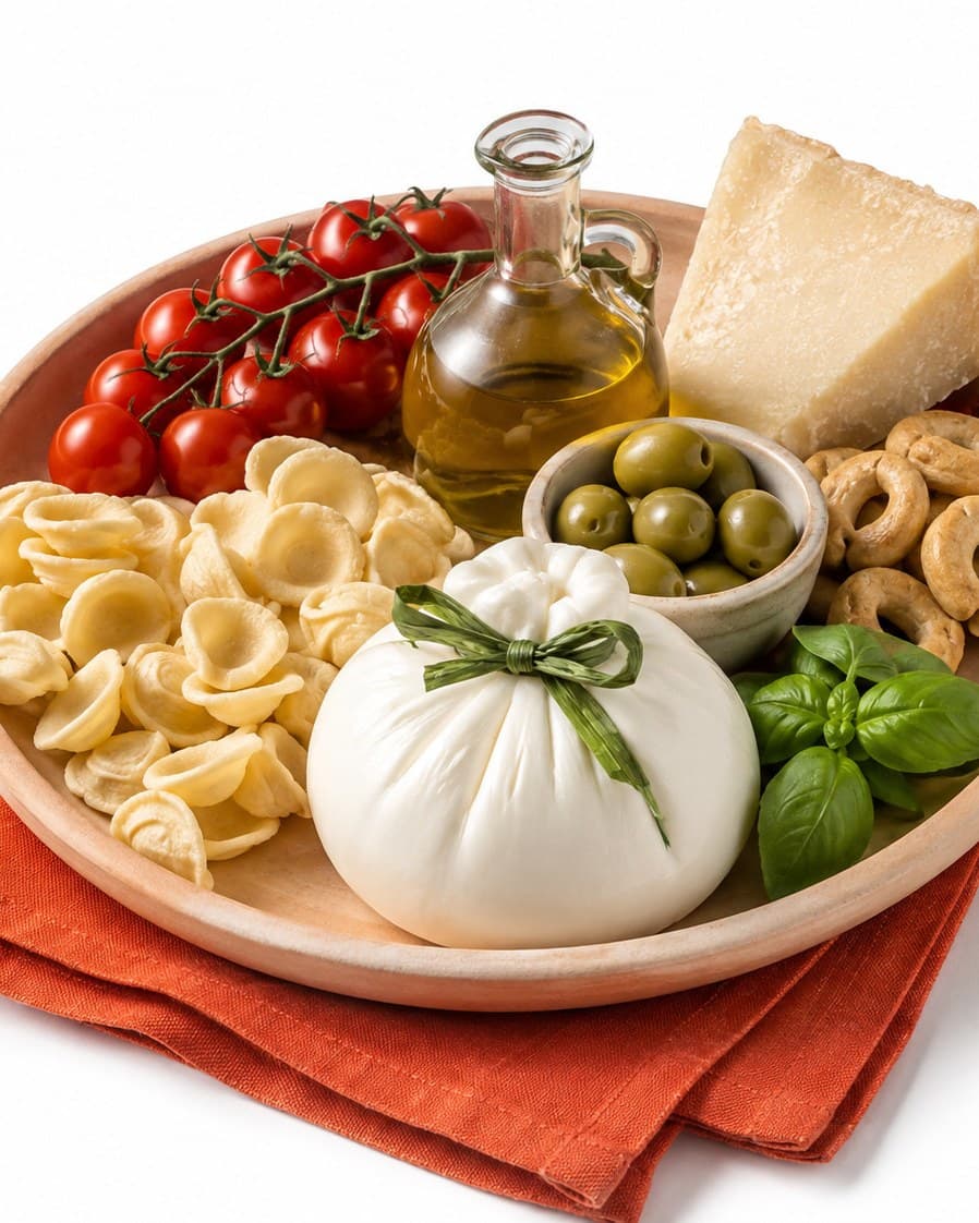 Planche des Pouilles : burrata, orecchiette, tomates cerises, huile d’olive, parmigiano, olives et taralli
