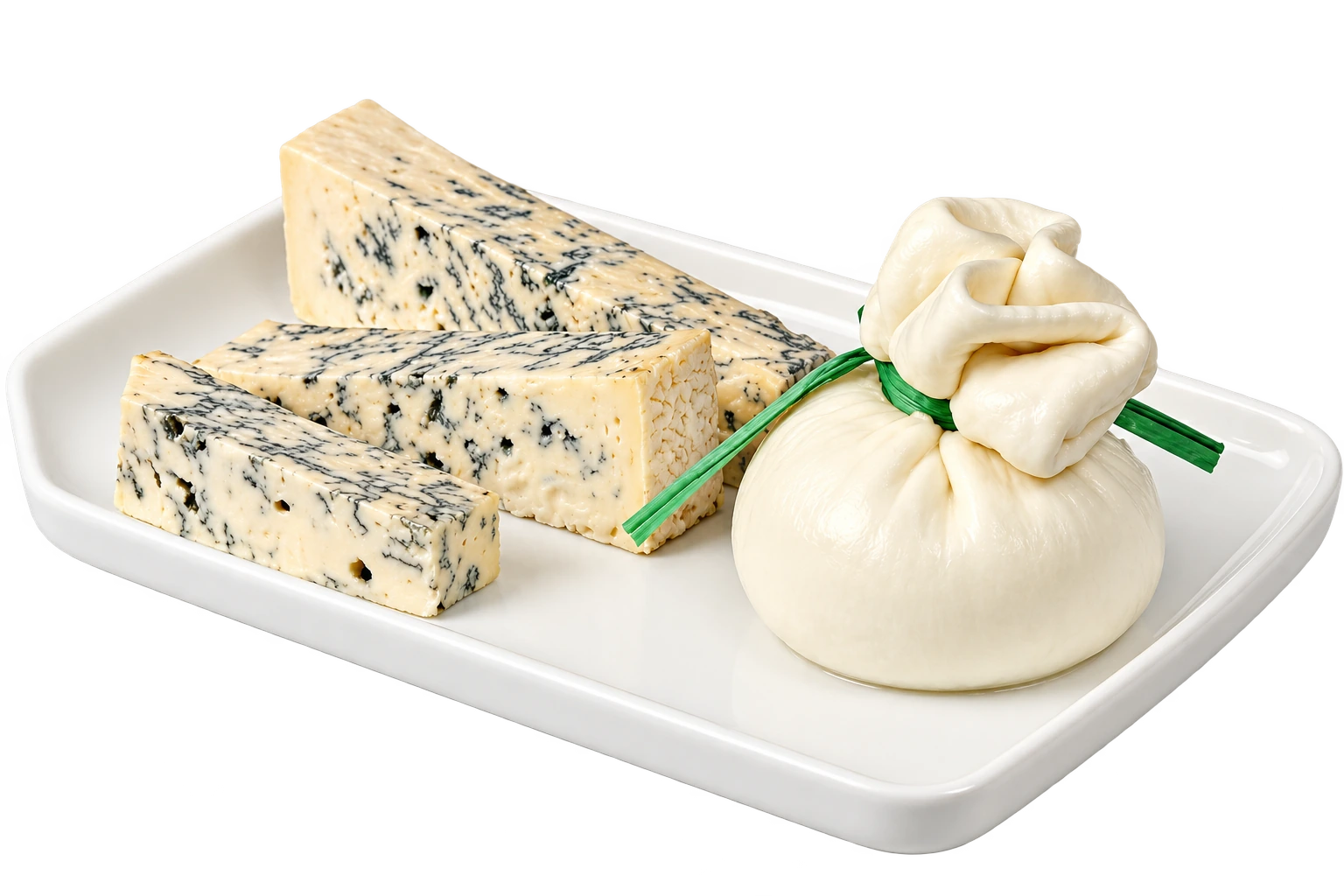 Gorgonzola et burrata sur un plat blanc